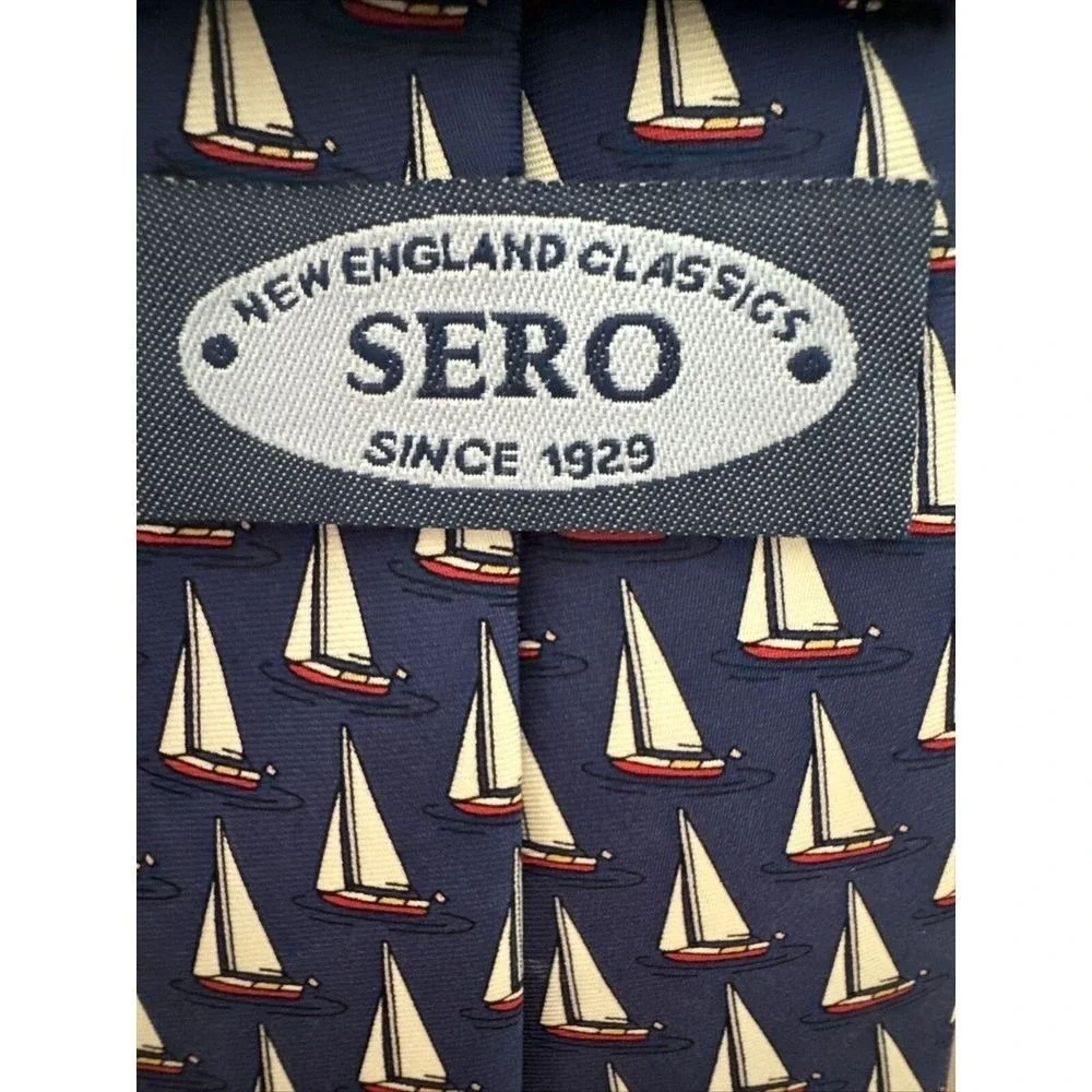 SERO Neck‎ Tie New England Preppy Sail Boat Nautical Handmade Silk Blue
